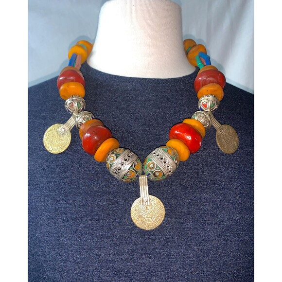 Berber Coin Necklace: Enamel & Copal Beads, Moroccan Tribal Style - Picture 3 of 10